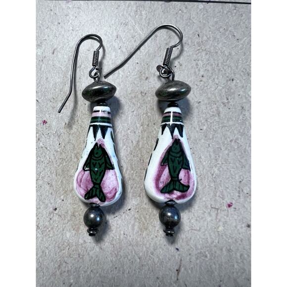 VTG 90s 925 Silver Hand Painted Fish Tribal Drop Earrings Fertility Luck Protect - Picture 5 of 9